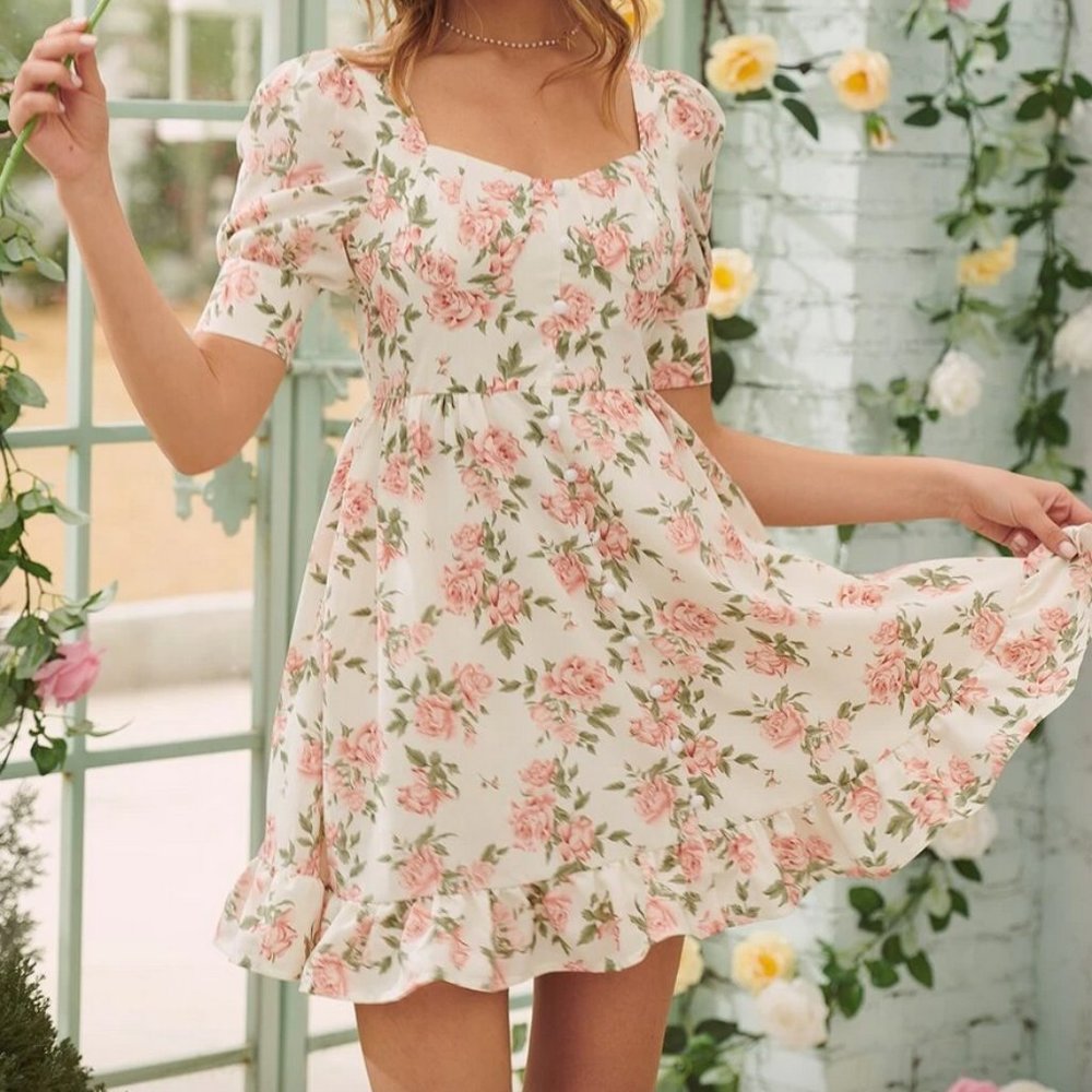 Rose Print Puff Sleeve Dress - Size M